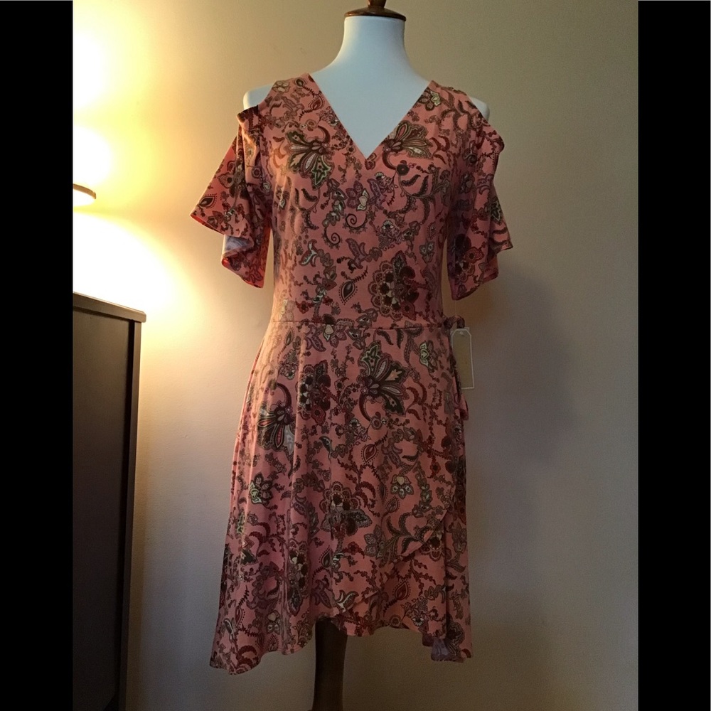 Copper Key wrap dress NWT cold shoulder Jr L